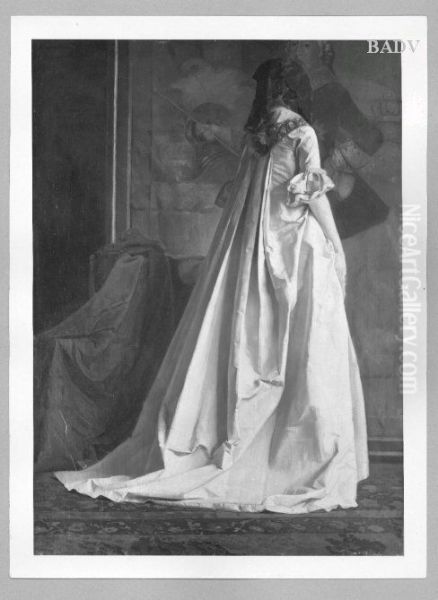 Lady in white dress with cavalier Oil Painting by Karl Gussow
