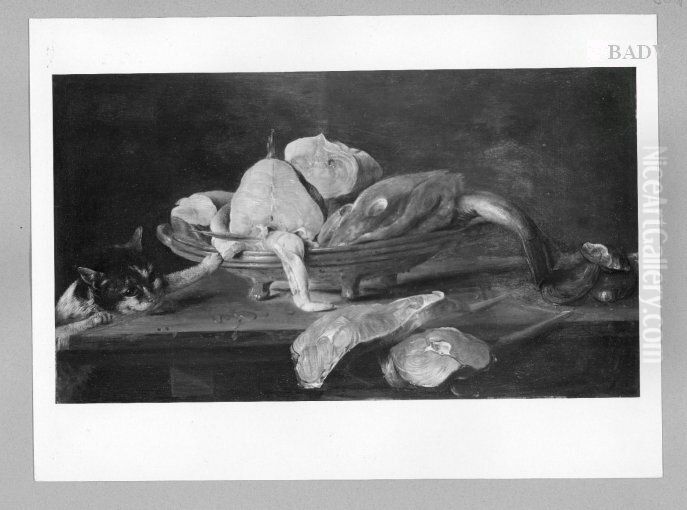 fish - stillife with cat Oil Painting by Alexander Adriaenssen