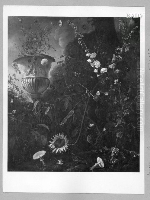 Blumenstuck im Garten mit grosser Vase, Malven und Pilzen Oil Painting by Abraham Begeyn