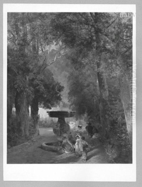 Landscape park with ladys by fountain Oil Painting by Oswald Achenbach