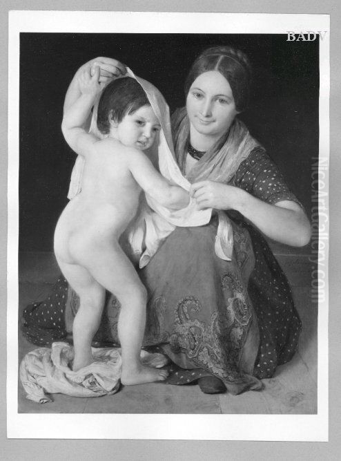 girl with child Oil Painting by Johann Baptist Reiter