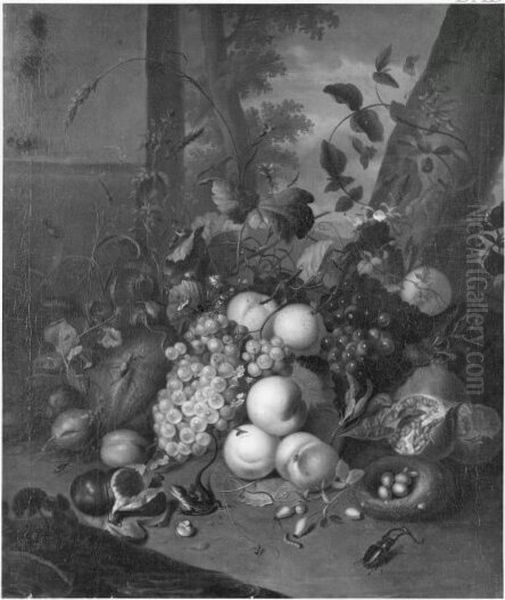 Grosses Stillleben mit Blumen, Fruchten und Insekten Oil Painting by Rachel Ruysch
