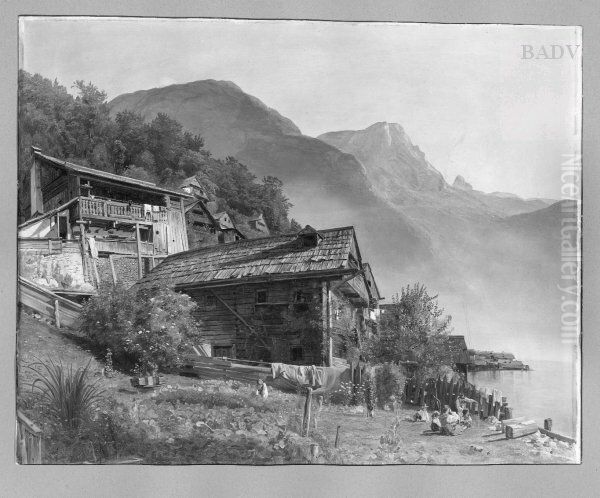 mountain-lake (lake of Hallstadt ?) Oil Painting by Ferdinand Georg Waldmuller