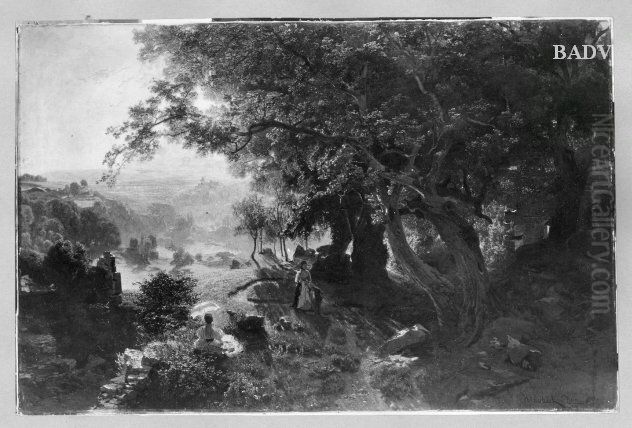 Blick ins Donautal mit Burg Kreuzenstein Oil Painting by Anton Hlavacek