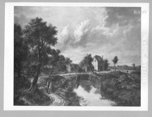 road crossing a creek on a bridge, left foreground: Horseman and Girl