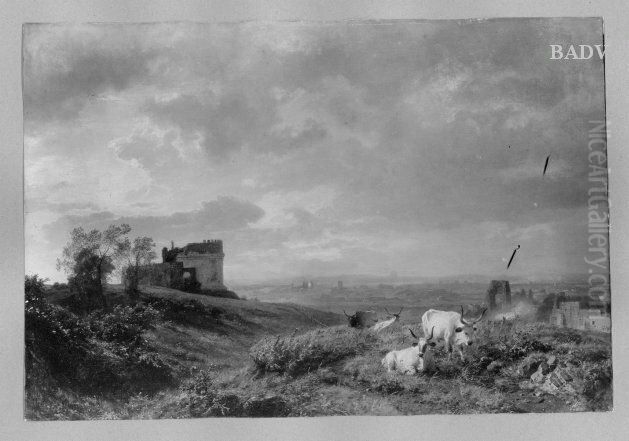 Stiere in der romischen Campagna Oil Painting by Oswald Achenbach