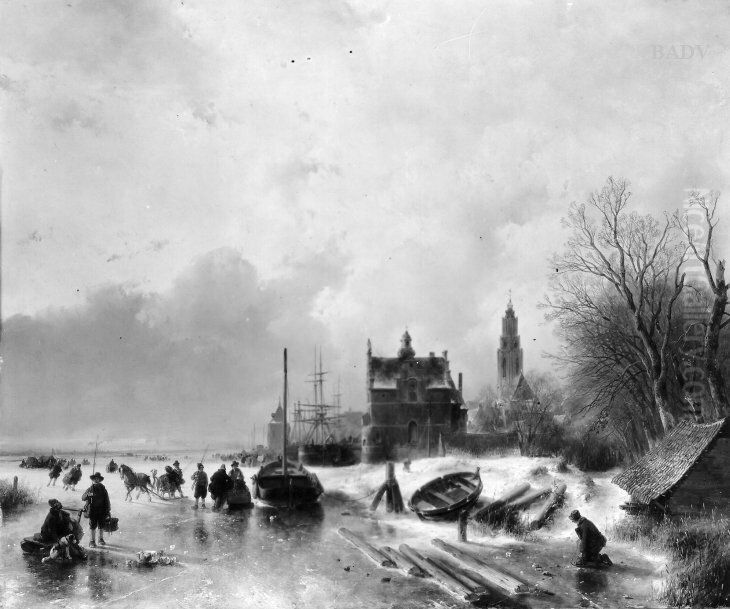 Winterlandschaft mit Pferdeschlitten und Schlittschuhlaufern Oil Painting by Andreas Schelfhout