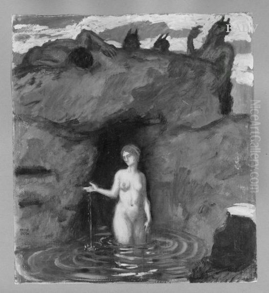 bathing nymph + looking Satyr Oil Painting by Franz Stuck