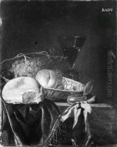 Stillleben mit Fruchten, Brot und Weinglas