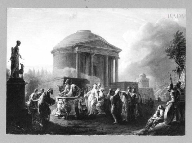 sacrifice of Iphigenie in front of a temple Oil Painting by Vinzenz Fischer