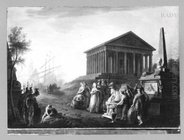 Frauenopfer vor einem Tempel, im Hintergrund ein Hafen Oil Painting by Vinzenz Fischer