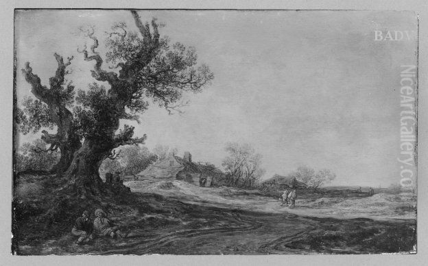 Landschaft mit zwei Eichelbaumen, Bauernhutten und Staffage Oil Painting by Jan van Goyen