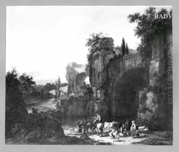 landscape with ruins + cattle Oil Painting by Nicolaes Pieterszoon Berchem