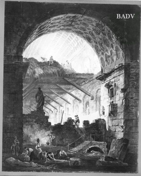 Antikes Gewolbe mit Heuboden und Staffage Oil Painting by Hubert Robert
