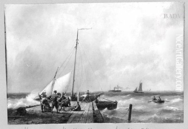 boats + fishermen at the shore Oil Painting by Hermanus Koekkoek