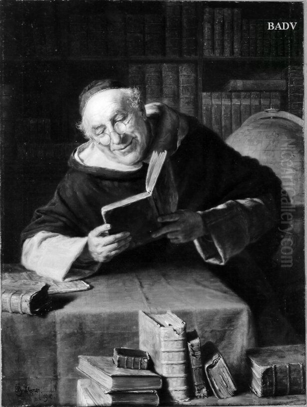 Monch mit einem Buch in der Bibliothek Oil Painting by Eduard Von Grutzner