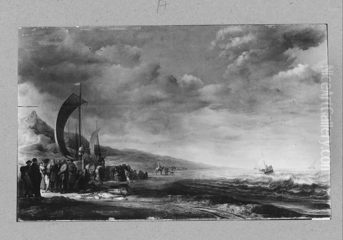 Strandszene mit Booten und Fischern Oil Painting by Simon De Vlieger
