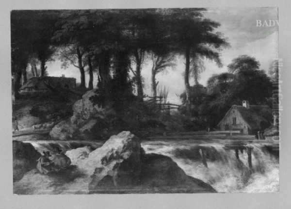 Landschaft mit Wasserfall, Bauernhutten und Staffage Oil Painting by Allaert van Everdingen