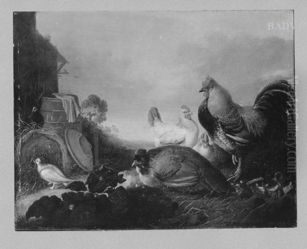 Huhner und Tauben Oil Painting by Gijsbert d'Hondecoeter