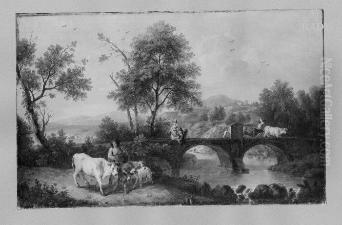 landscape with bridge and cattle Oil Painting by Francesco Zuccarelli