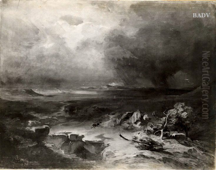 landscape with horse frightened by lightening Oil Painting by Carl Rottmann
