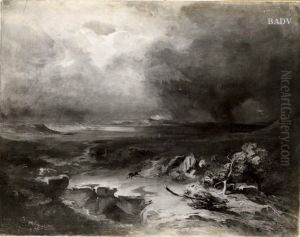 landscape with horse frightened by lightening