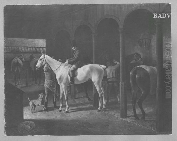Pferdestallung und Reiter auf einem Schimmel Oil Painting by Franz Kruger