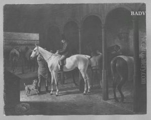 Pferdestallung und Reiter auf einem Schimmel