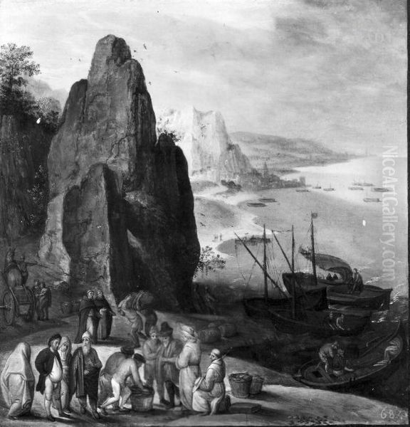 Felsige Kustenlandschaft, am Strande Fischhandler und Boote Oil Painting by Marten van Valckenborch