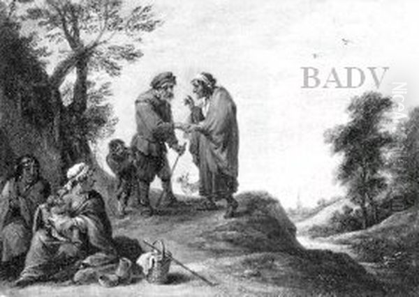 Zigeunerfamilie und Bauern, mit Handleserin und stehlendem Kind Oil Painting by David Teniers the Younger