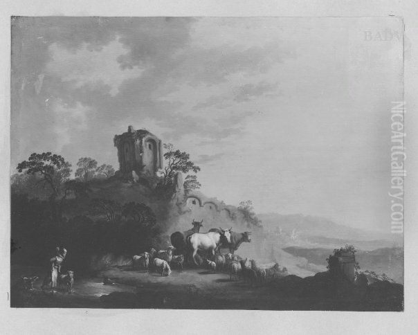 Italienische Landschaft mit Ruine, Herde und Hirt Oil Painting by Christian Wilhelm Ernst Dietrich