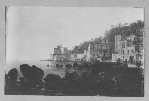 Italienische Kustenlandschaft mit Villen und Staffage (bei Positano, im Hintergrund die Insel Capri) Oil Painting by Josef Rebell