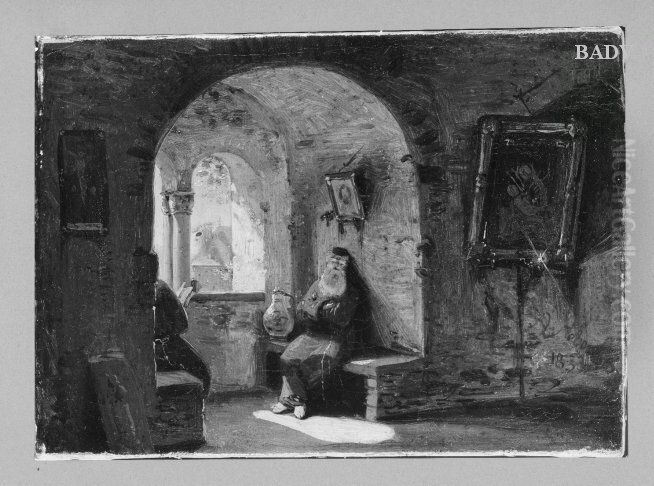 Klosterzelle mit zwei Monchen Oil Painting by Andreas Achenbach
