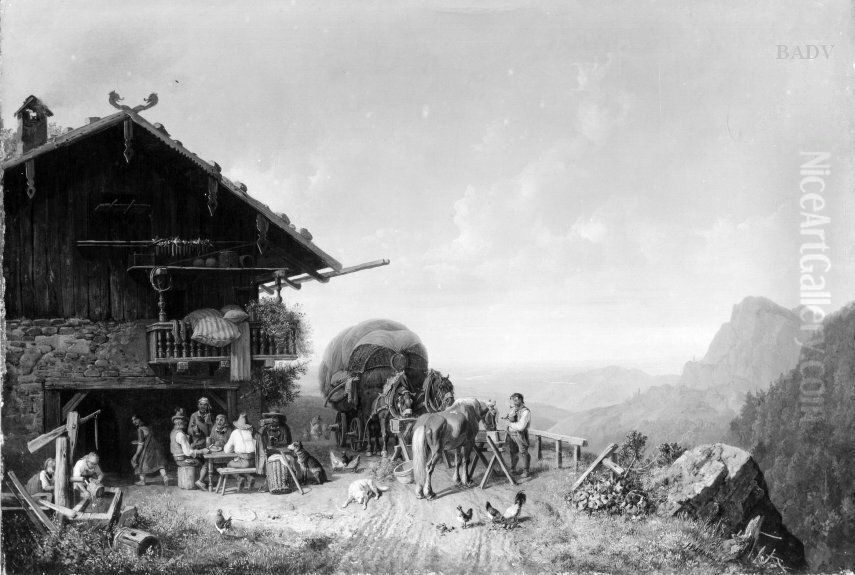 Bach vor einem Tiroler Wirtshaus Oil Painting by Heinrich Burkel