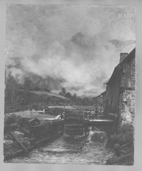 Gebirgslandschaft bei Nebel mit Hammerschmiede Oil Painting by Carl Moll