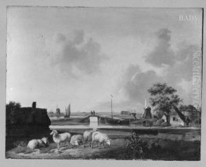 Hollandische Landschaft mit Kanal, Bauernhutten, Windmuhlen und Schafen