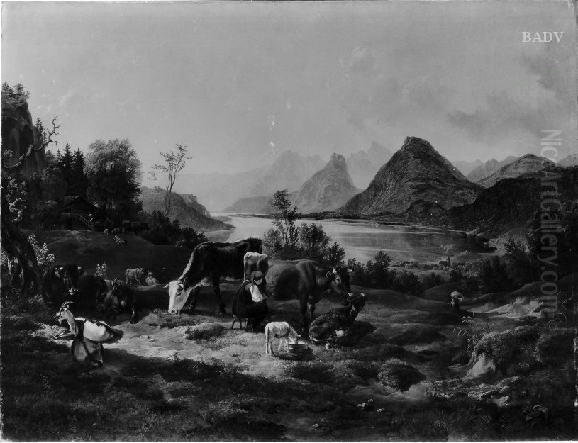 Ansicht des Wolfgangsees bei St. Gilgen mit Vieh Oil Painting by Friedrich Gauermann