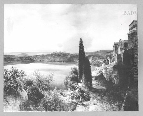 lake Nemi with view on Castel Gandolfo and the Campagna Oil Painting by Oswald Achenbach