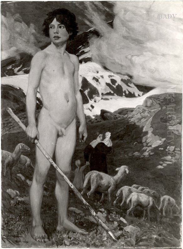 Nackter Hirtenknabe mit Schafen im Hochgebirge Oil Painting by Ludwig Von Hofmann