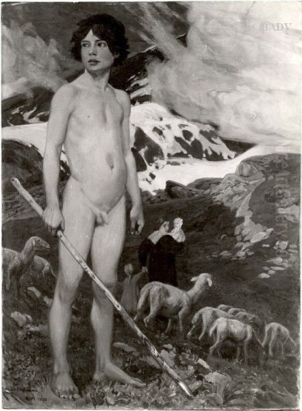 nude shepherd boy in the mountains Oil Painting by Ludwig Von Hofmann