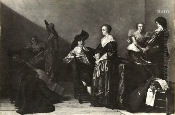 7 persons in a room, chatting Oil Painting by Pieter Codde