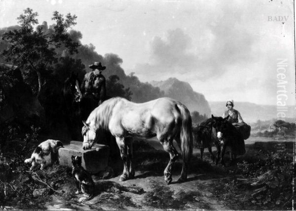Reiter mit zwei Pferden an der Tranke und Madchen mit Packesel (in gebirgiger Landschaft) Oil Painting by Wouterus Verschuur