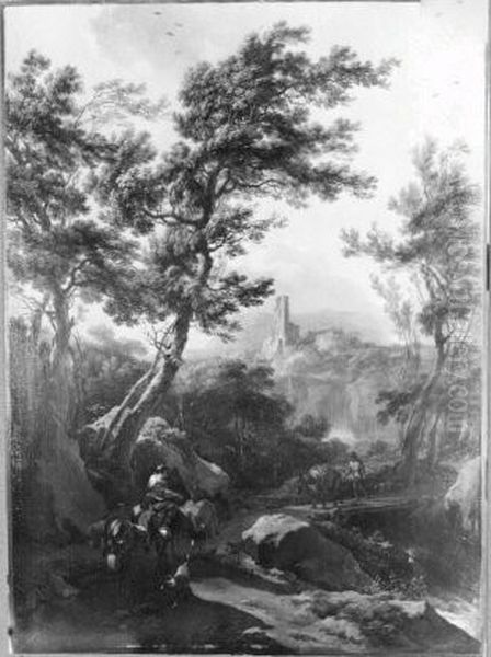 Landscape with donkey - men Oil Painting by Nicolaes Pieterszoon Berchem