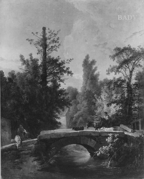 landscape + brook, woman+ cattle on a bridge Oil Painting by Jean-Baptiste Huet