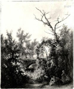 Landschaft mit Brucke und Wascherinnen