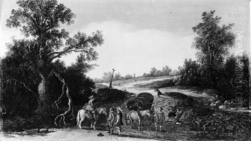 Uberfall auf einen Reisewagen Oil Painting by Esaias Van De Velde