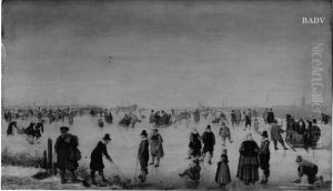 Winterlandschaft mit Eislaufern und Schlitten