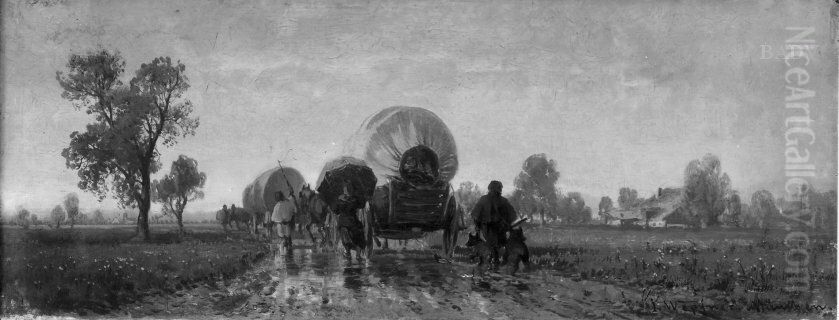 Landstrasse mit Fuhrwerken und Fussgangern bei Regen Oil Painting by Josef Wopfner