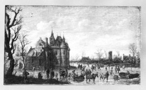 Eislaufszene bei einem Schloss auf einem Kanal