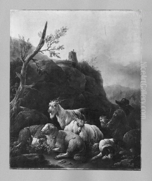 Hirt mit Schafen, Ziegen und Hund in bergiger Landschaft Oil Painting by Johann Heinrich Roos